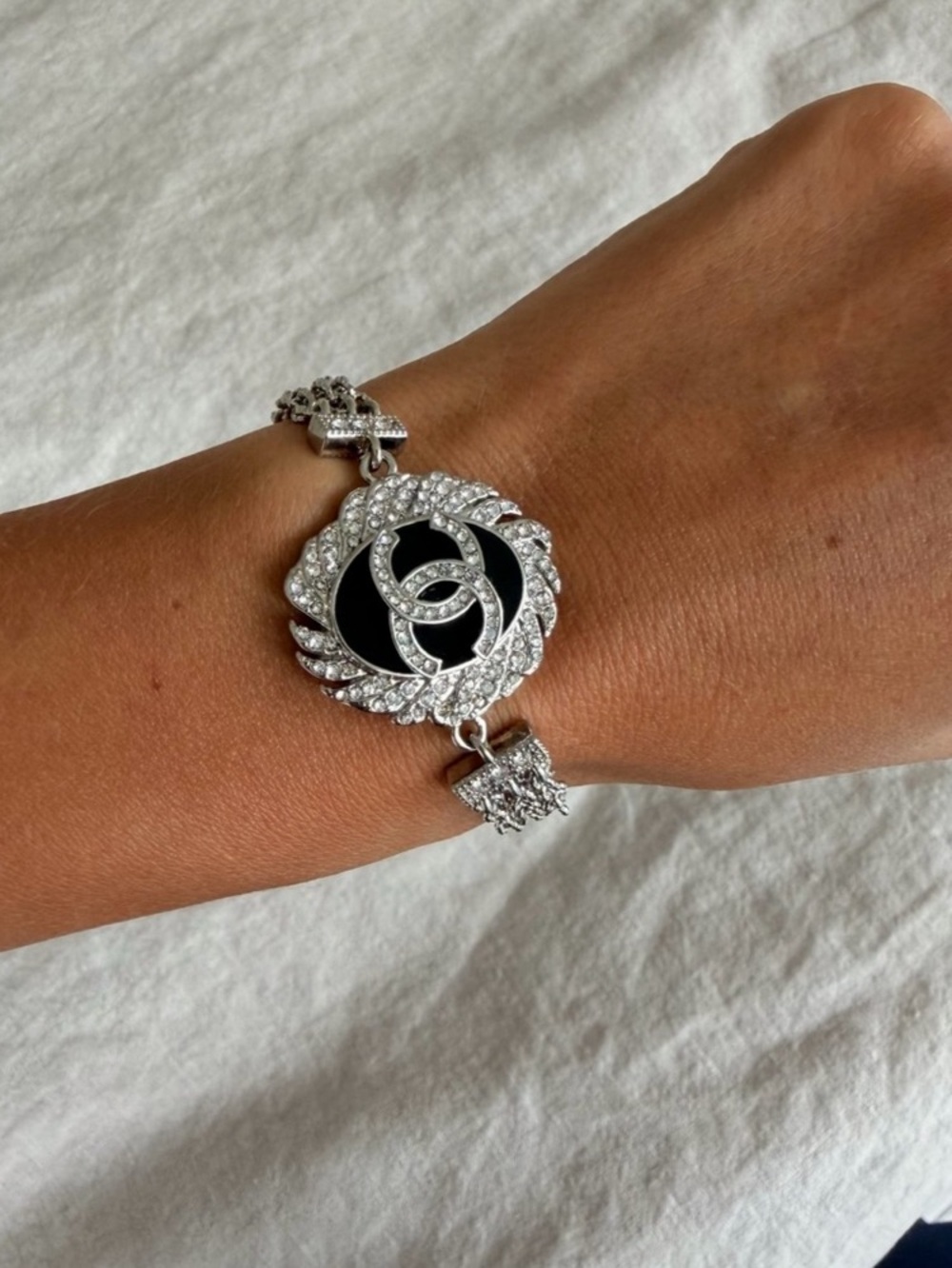 Chanel Logo Rhinestone Bracelet in Silver & Black